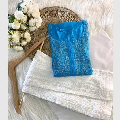 Moksha Soft Cotton Long Mukaish Embellished Chikankari Kurti