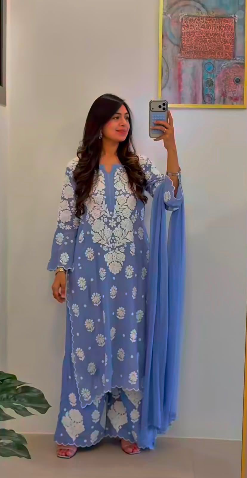 Cocktail Pure Crepe Silk 3D Handembroidred Chikankari Set