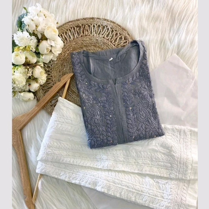 Moksha Soft Cotton Long Mukaish Embellished Chikankari Kurti