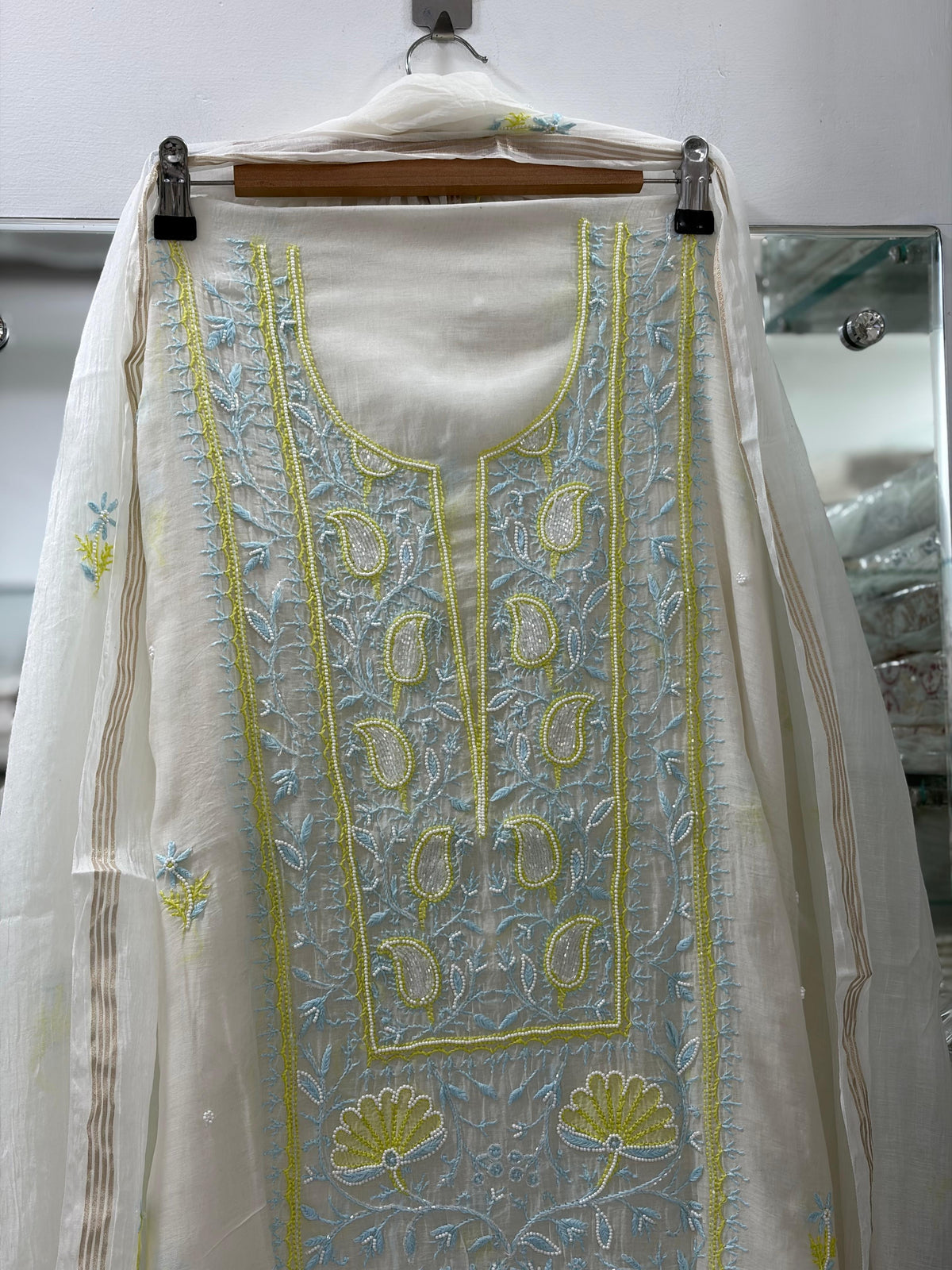 Unstitched Pure Chanderi Chikankari Suit Set
