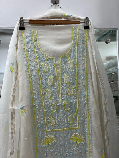 Unstitched Pure Chanderi Chikankari Suit Set