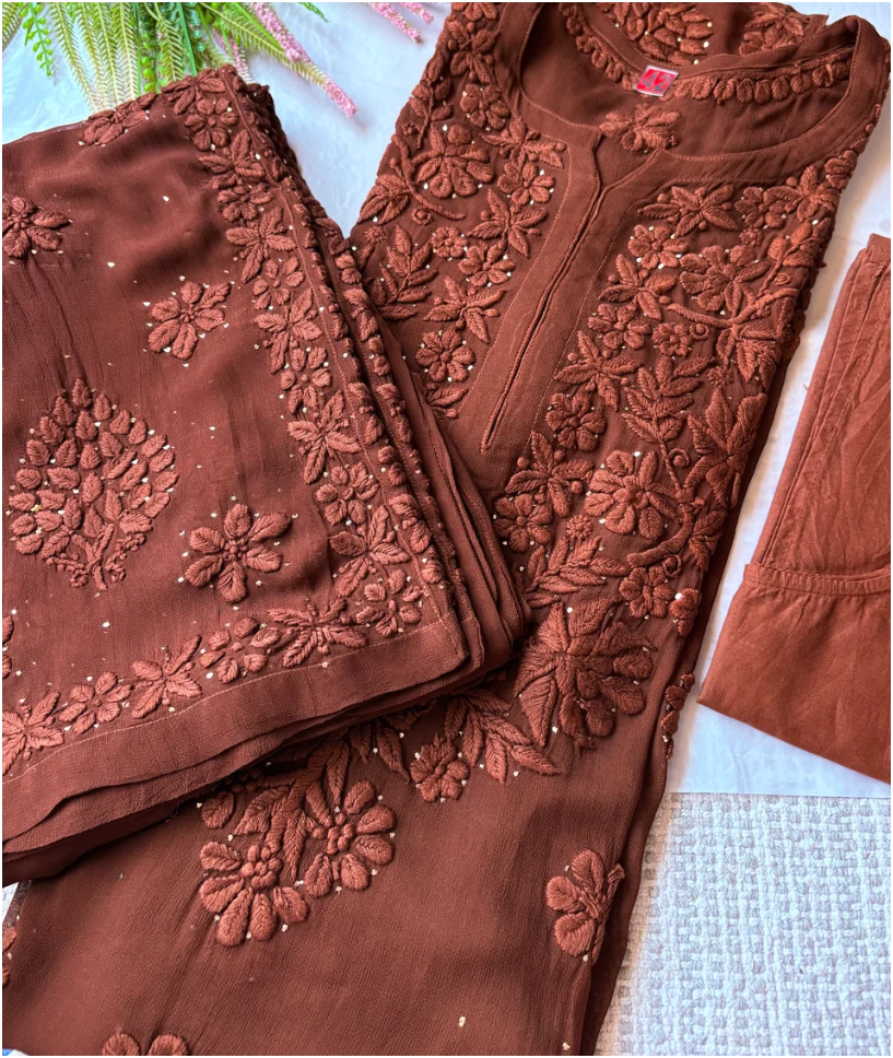 Aarifa Haniya Pure Viscose Georgette 3D Handembroidred Chikankari Set