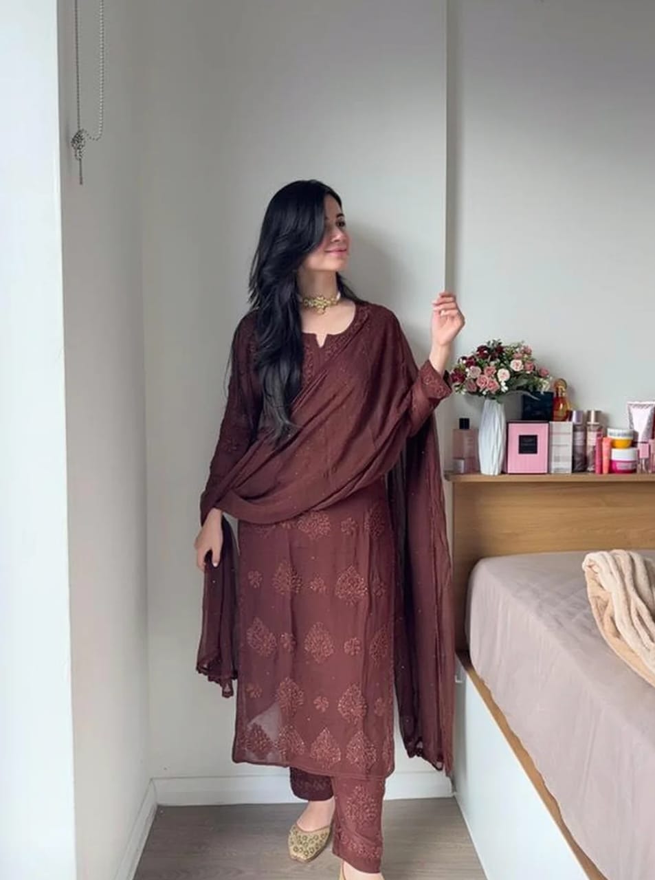 Pure Viscose Georgette 3D Handembroidred Suit Set