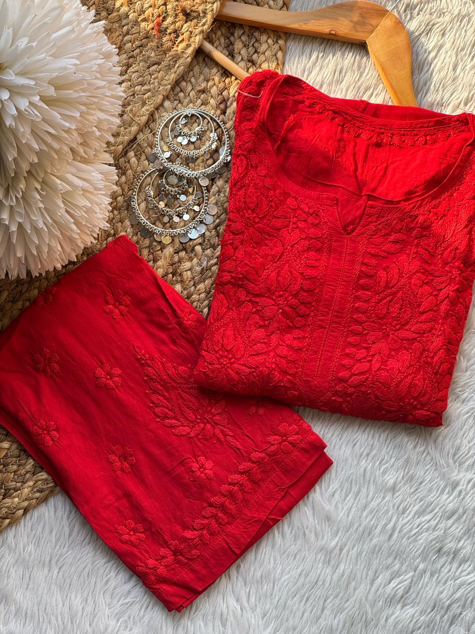 Sindoori Red Cotton Chikankari Kurta Set