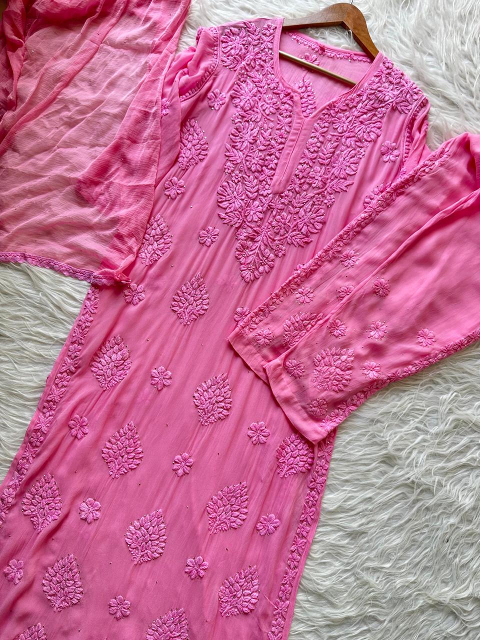Pure Viscose Georgette 3D Handembroidred Suit Set