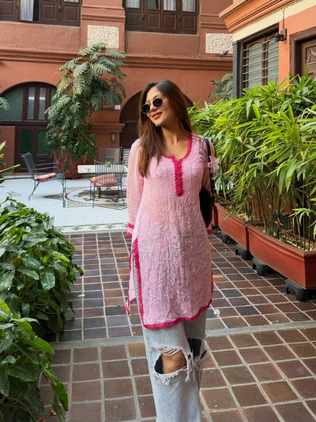Short Viscose Lace Work Chikankari kurti