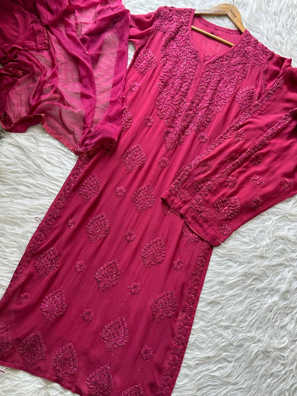 Pure Viscose Georgette 3D Handembroidred Suit Set
