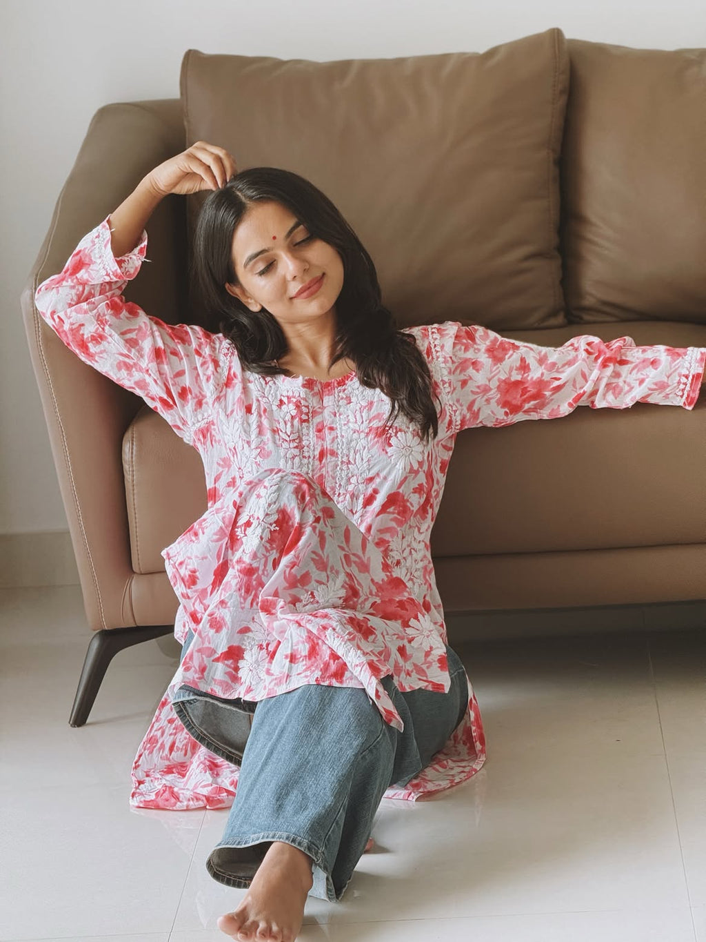 Ahana Mulmul Cotton Chikankari Long Kurta