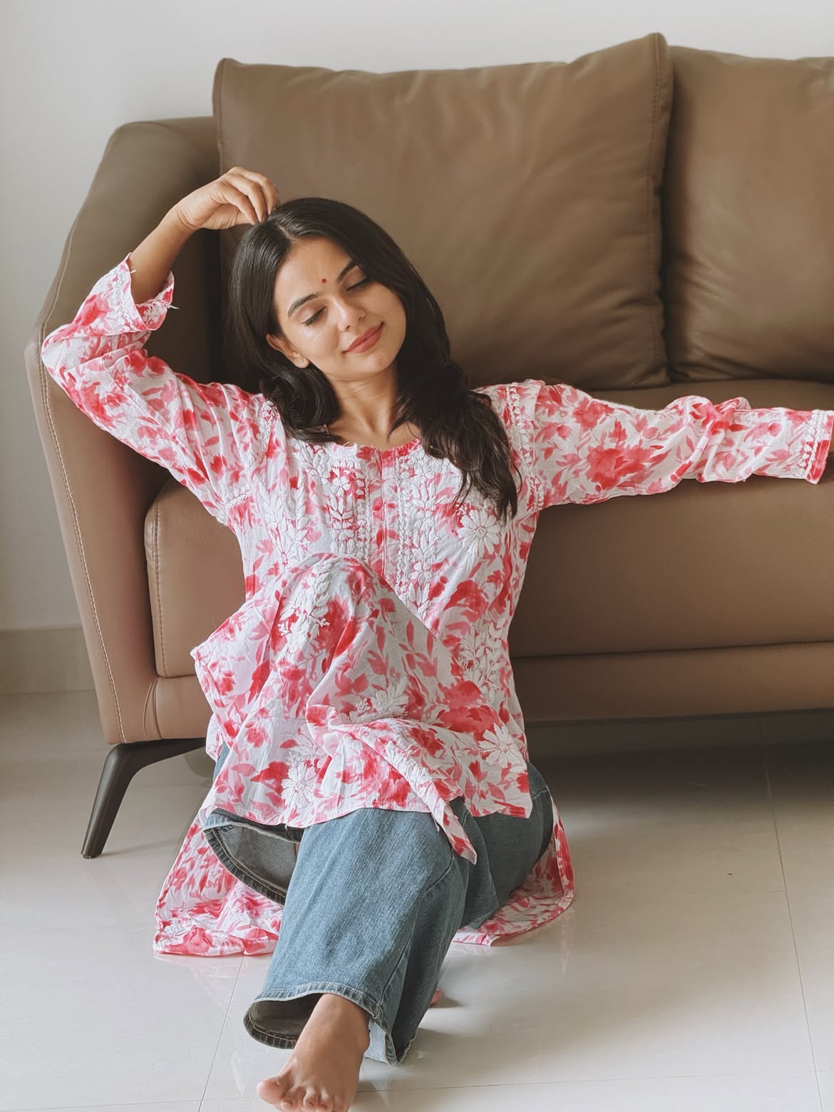 Ahana Mulmul Cotton Chikankari Long Kurta
