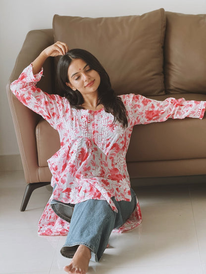Ahana Mulmul Cotton Chikankari Long Kurta