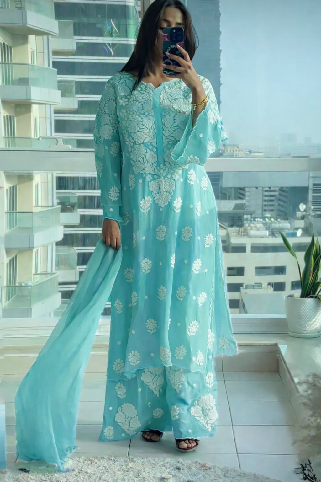 Pure Crepe Silk 3D Handembroidry Scallop Cutwork Kurta set