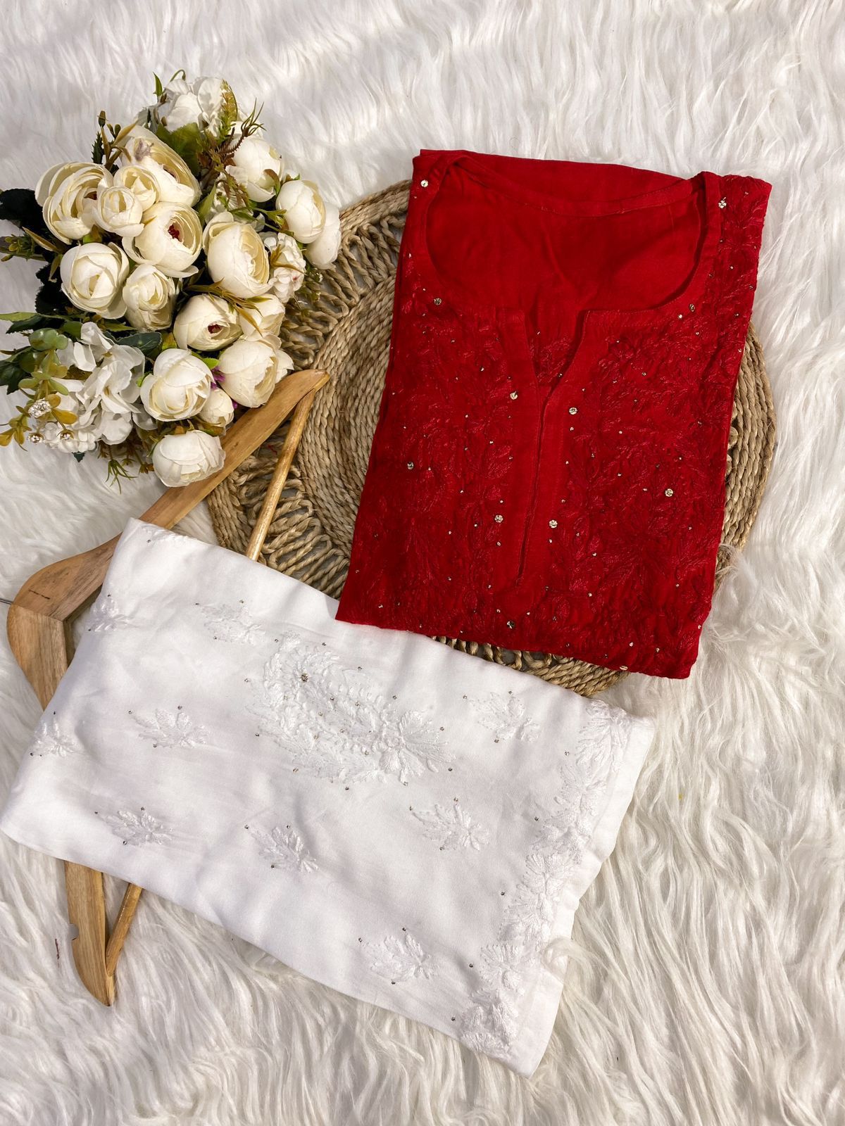 Moksha Soft Cotton Long Mukaish Embellished Chikankari Kurti