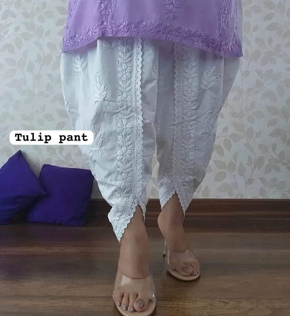 White Cotton Chikankari  hand embroidery Tulip Dhoti Pant