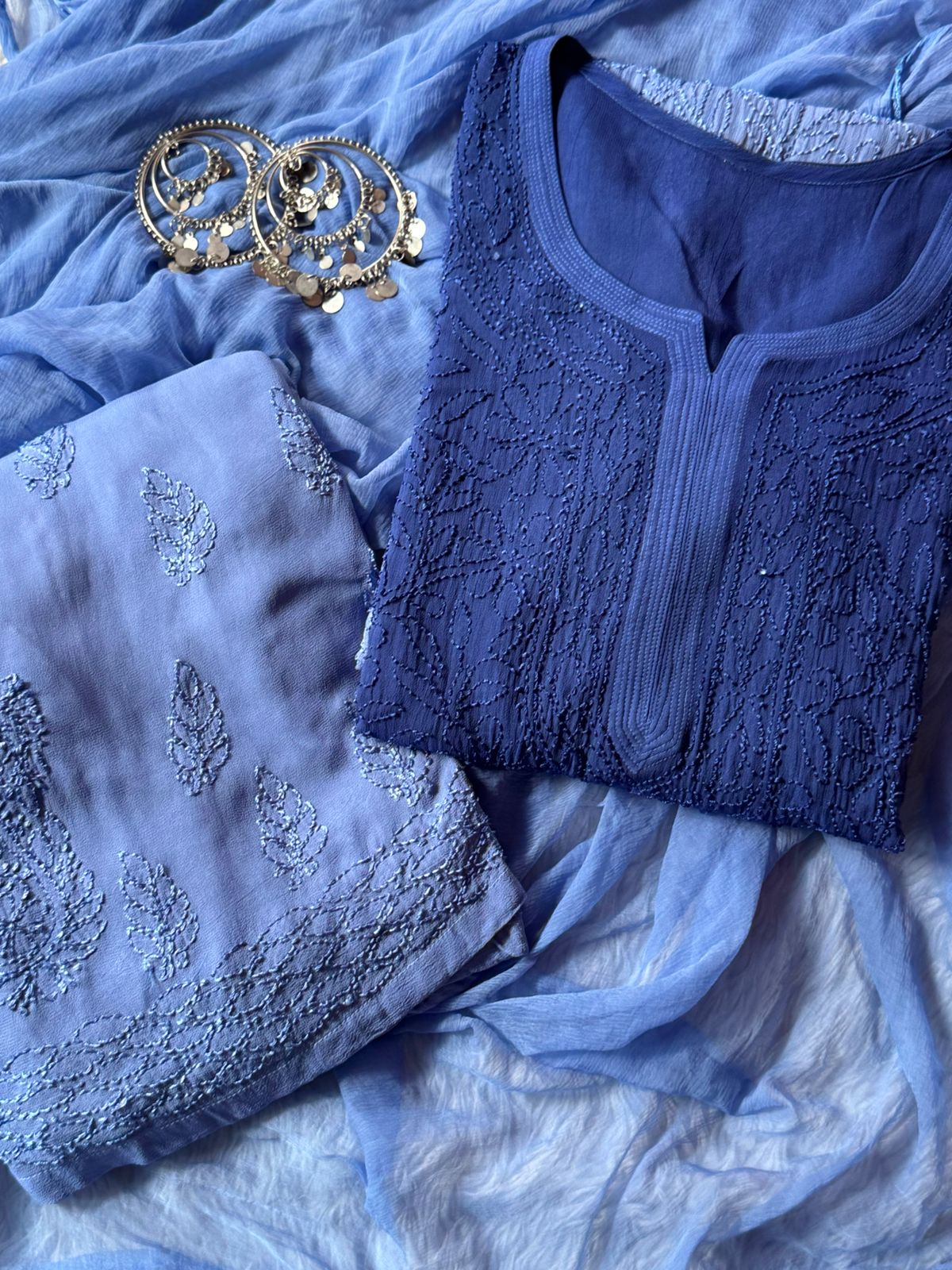 Inayat Viscose Resham Jaal Chikankari Ombre 3PC Long Kurta Set