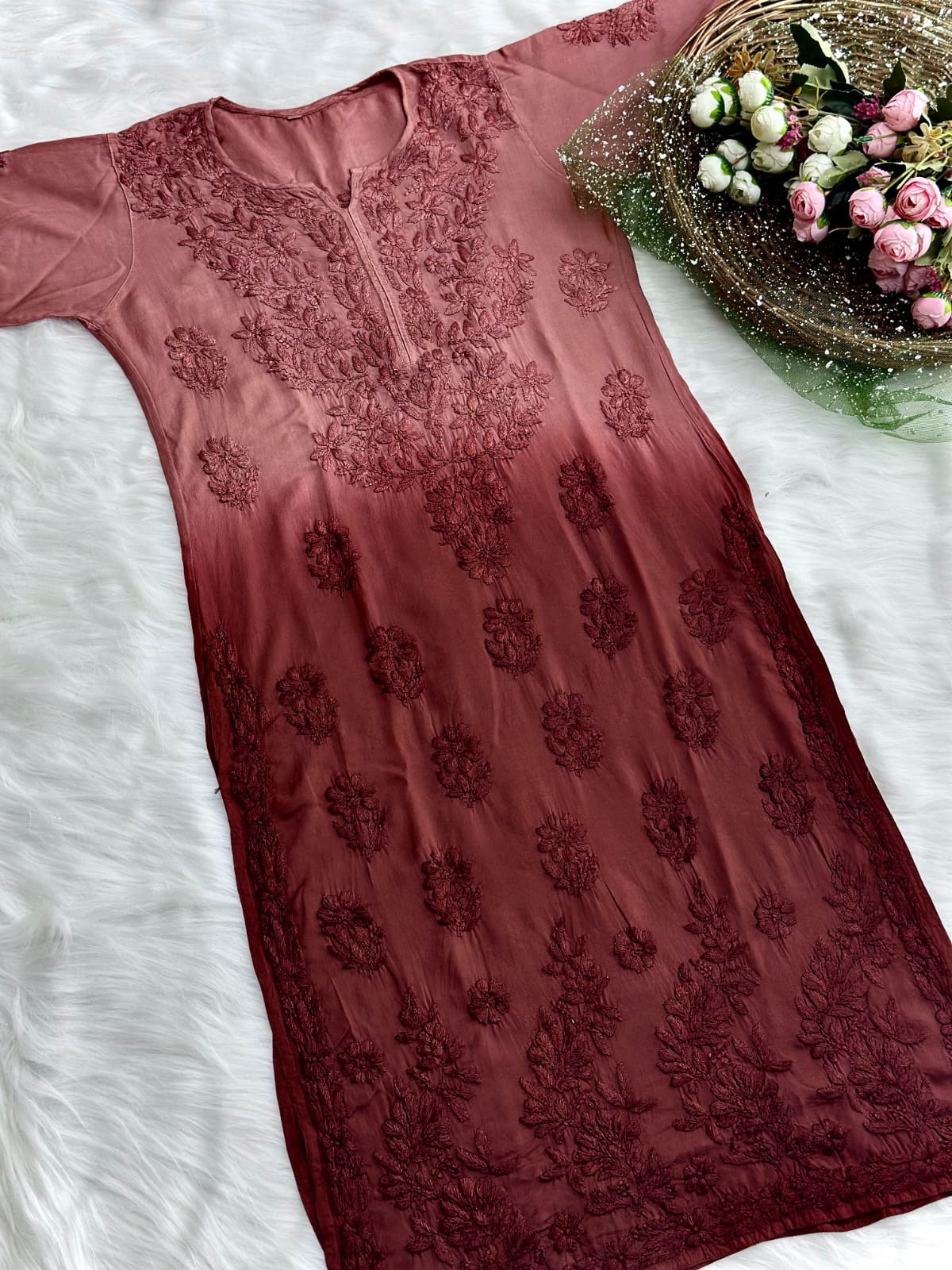 Ombre Long Chikankari Cotton Kurta