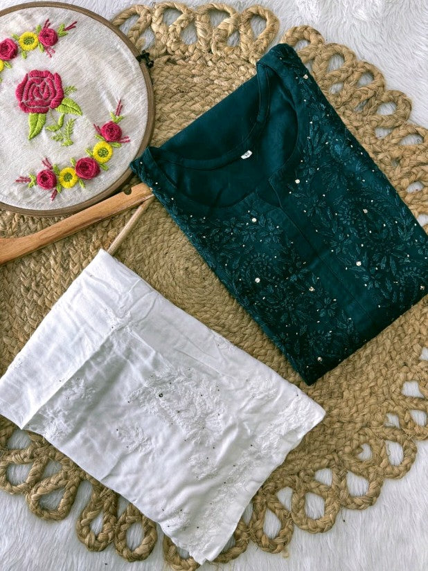 Moksha Soft Cotton Long Mukaish Embellished Chikankari Kurti