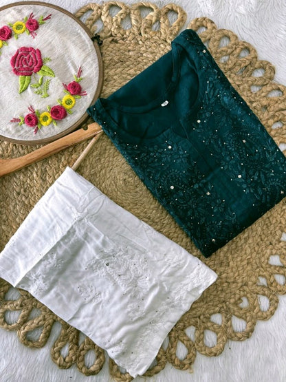 Moksha Soft Cotton Long Mukaish Embellished Chikankari Kurti