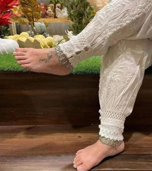White Afgani Chikankari Embroidered Pant