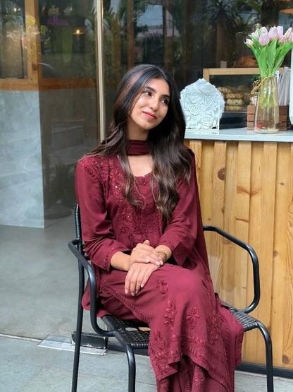 Brown Nedha Inspired Chikankari Mukaish Set