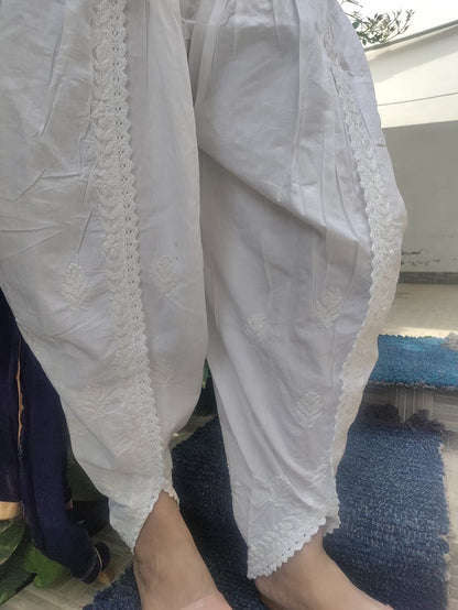 White Cotton Chikankari  hand embroidery Tulip Dhoti Pant