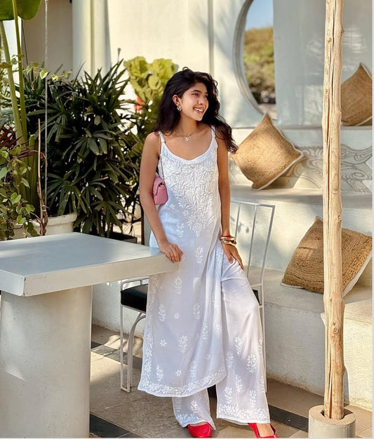Noodle White Long Chikankari Kurti Bottom