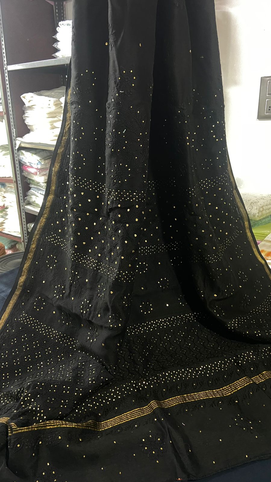 Vidushi Black Pure Chanderi silk chikankari saree