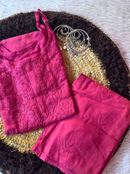 Hina Noodle Strap Long Chikankari Kurta Set