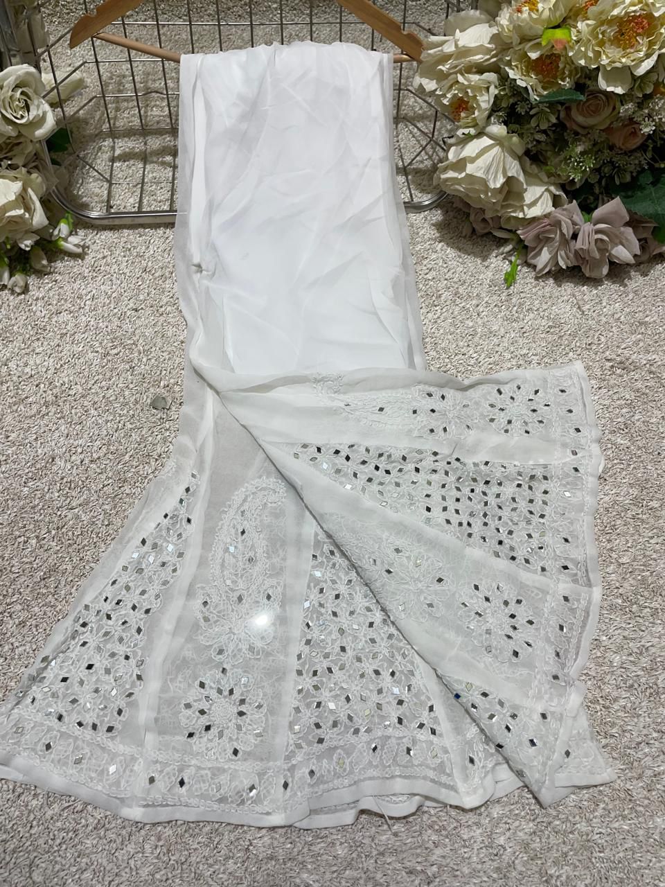 White Georgette Chikankari Handwork Sharara