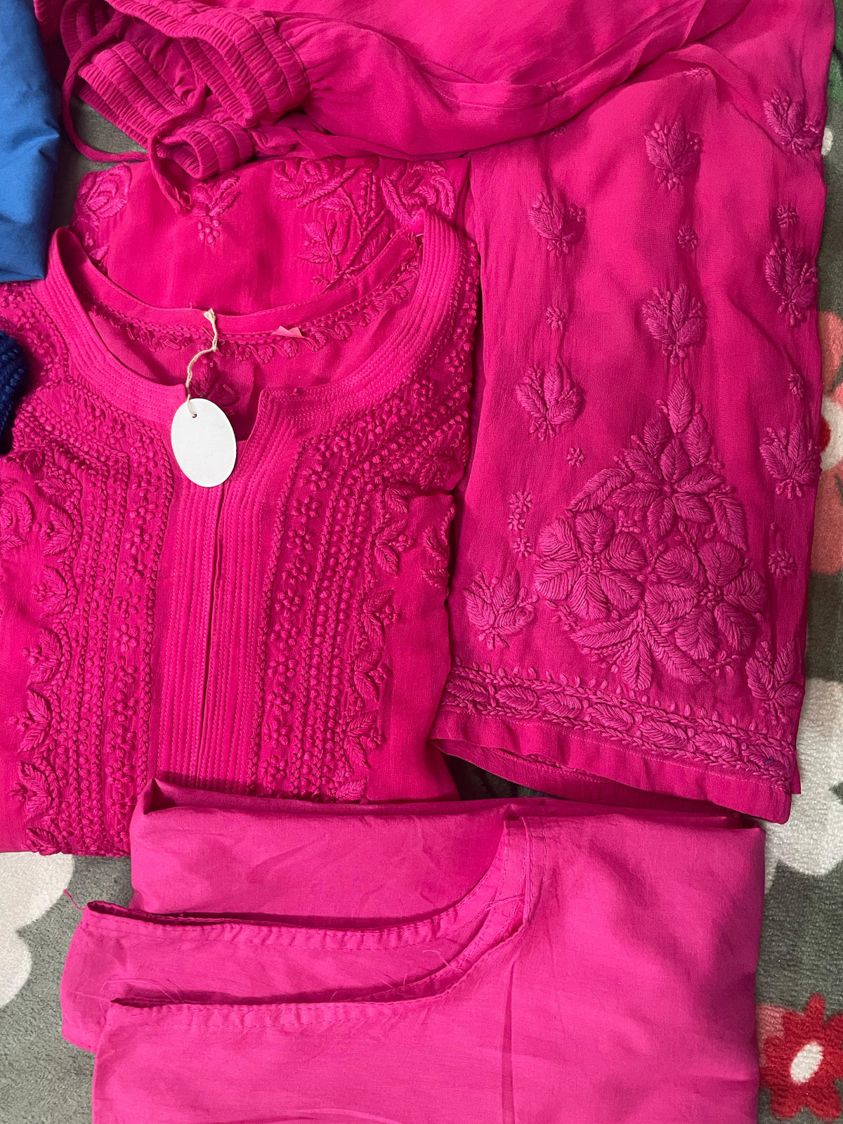 Hot Pink viscose georgette 3d Handembroidred Suit Set